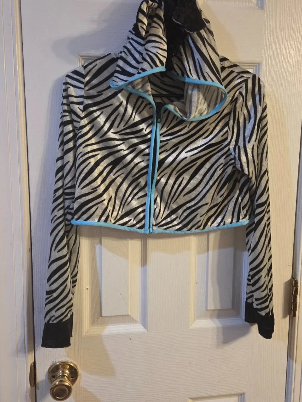 Girls Zebra Print Cropped Zip Up Hoodie Silver Black Metallic Jacket Size XL